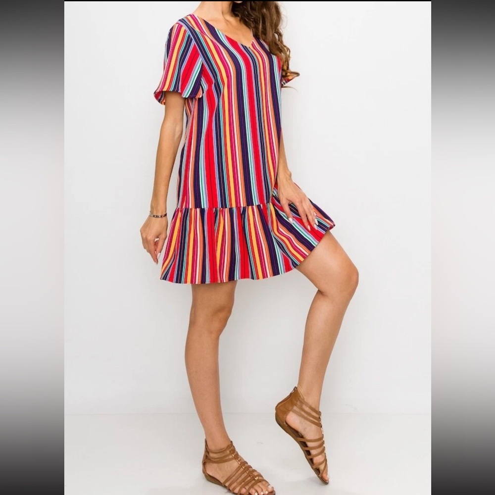 TRENDILITY Striped Multicolor Ruffle Hem V Neck Short Sleeve Swing Dress NWOT